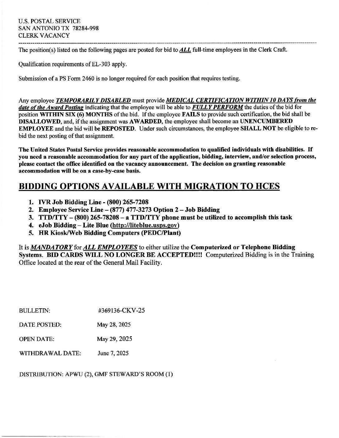 Clerk Job Vacancy Bulletin 5/28/2025 - 