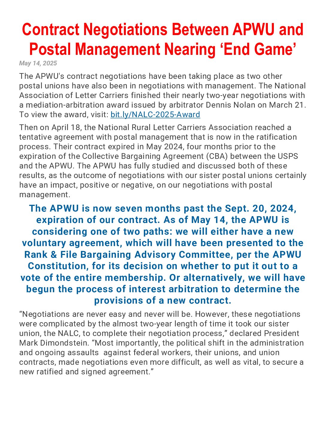 Contract Negotiations Nearing “End Game” - 
