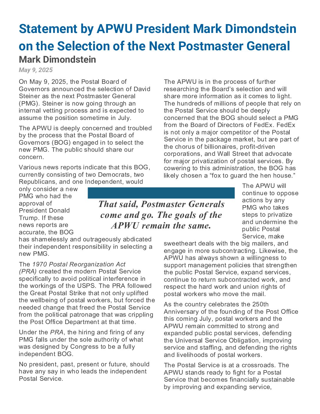 Statement by APWU President Mark Dimondstein on the Selection of the Next Postmaster General - 