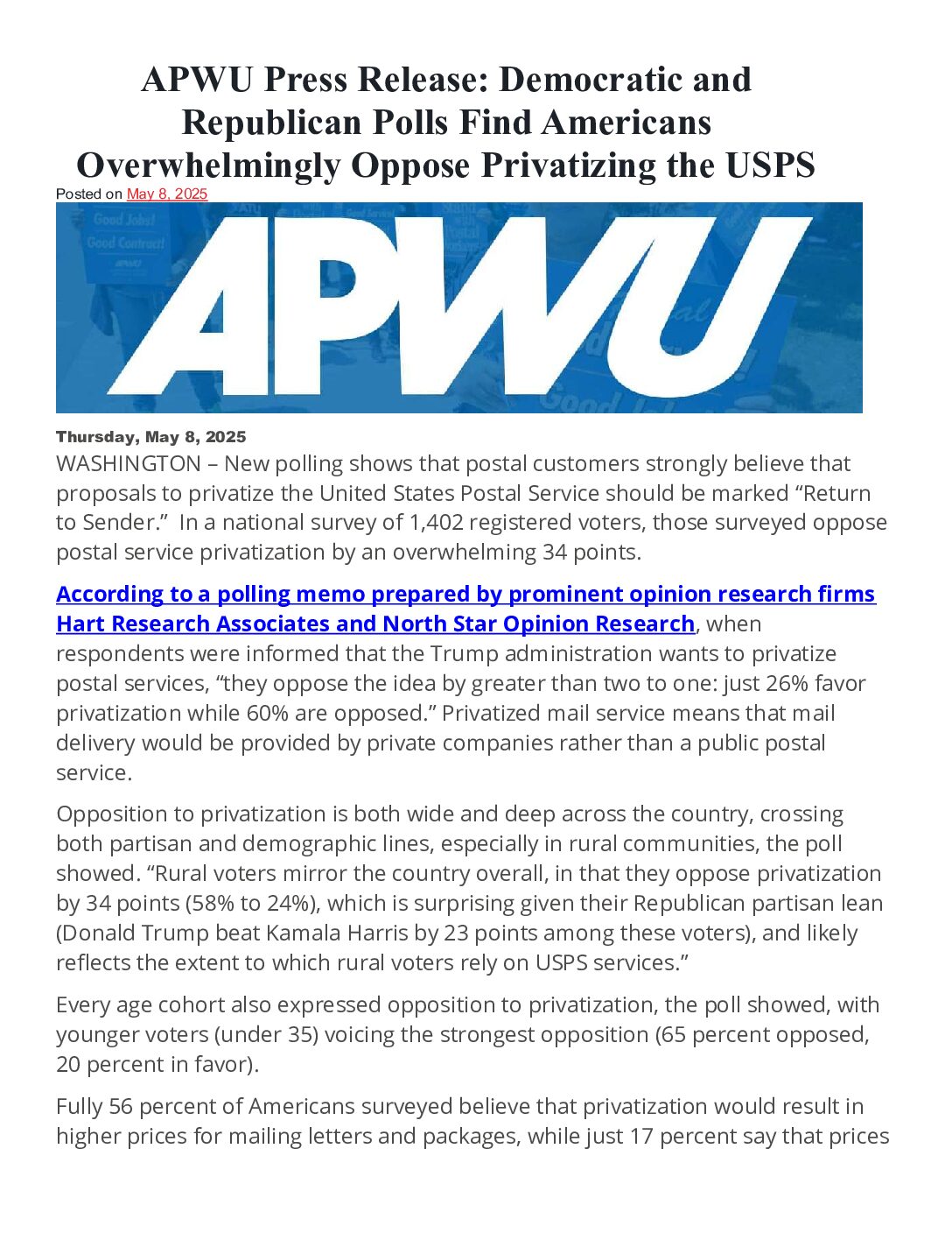 Polls Show Overwhelming Support for the USPS - 