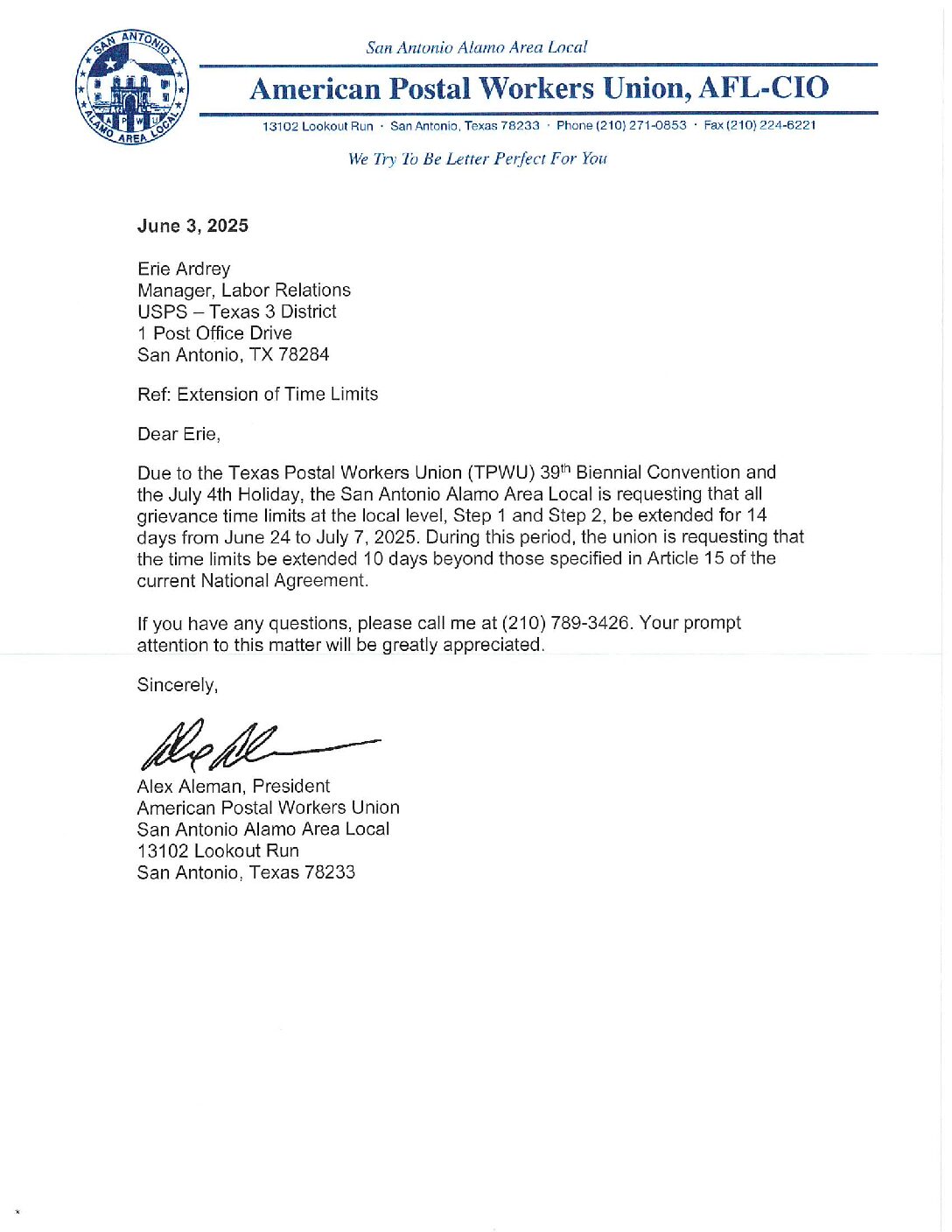 TPWU Convention Grievance Time Limit Extensions - 