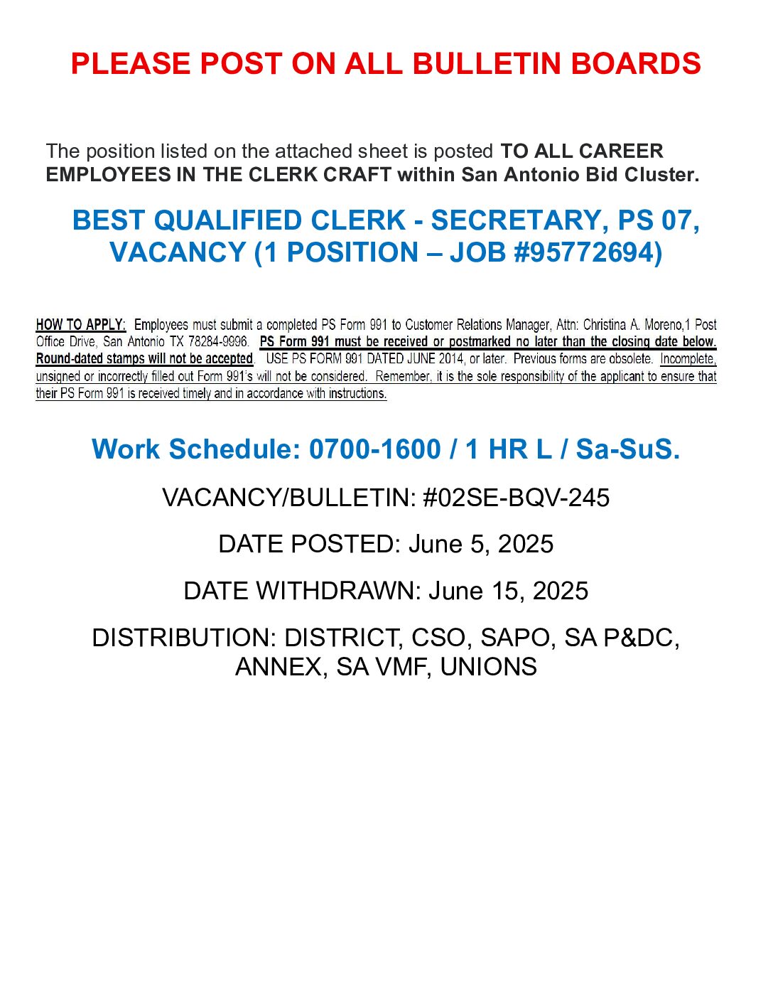 Best Qualified Clerk Position – Secretary PS-7 Posted 6/5/25 - 