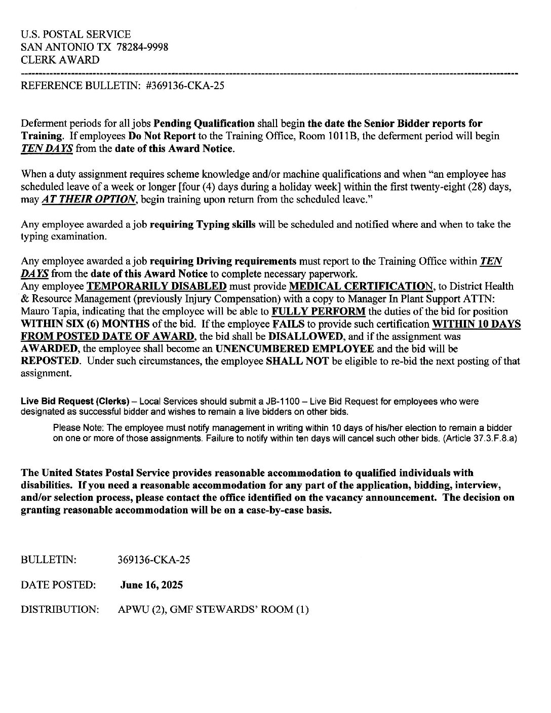 Clerk Job Award Bulletin 6/16/25 - 
