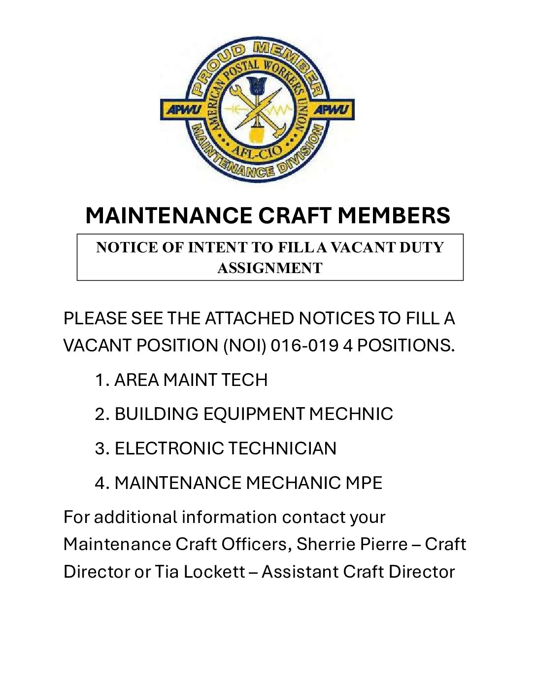 Maintenance Craft NOI Vacant Duty Assignments - 