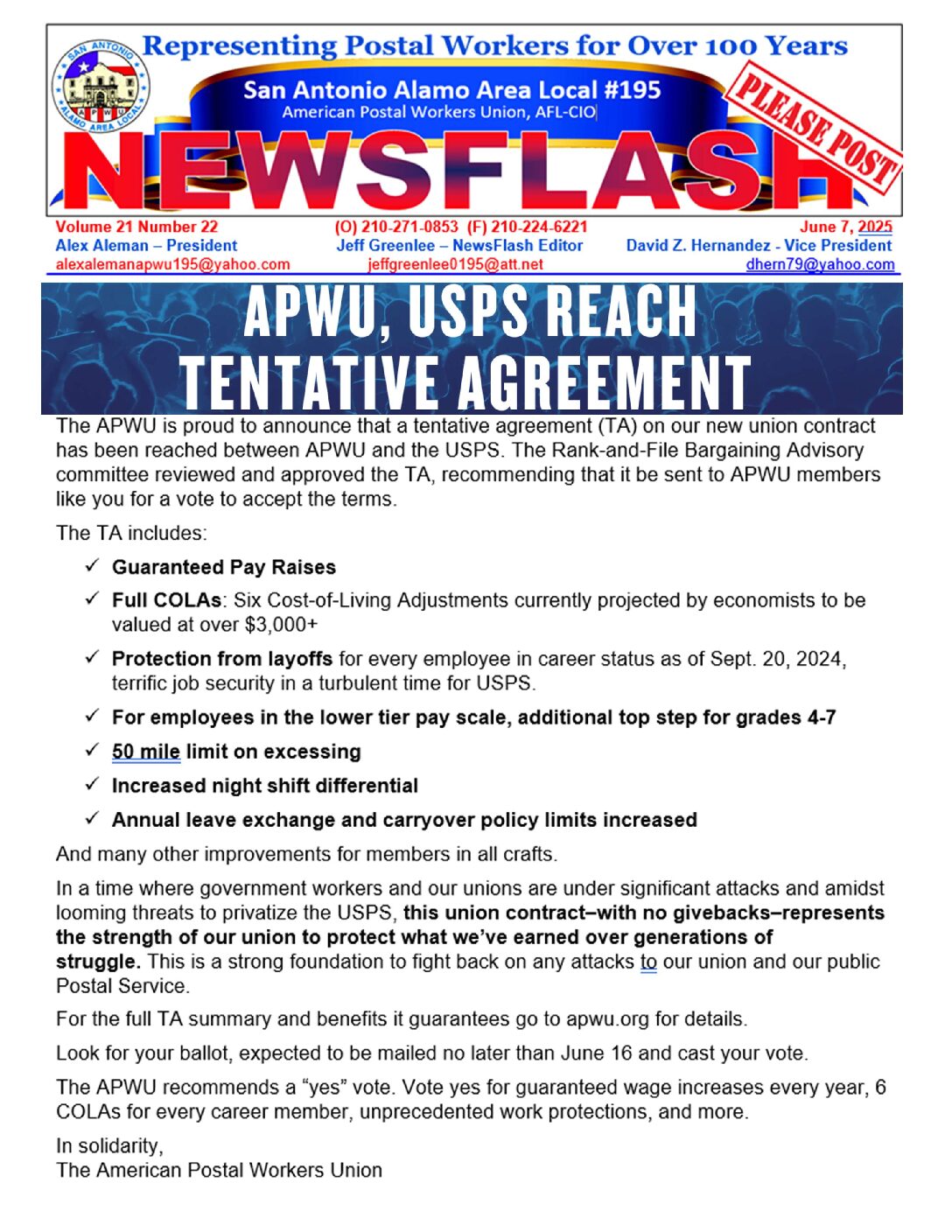 NewsFlash 21-22 APWU USPS Reach Tentative Contract - 
