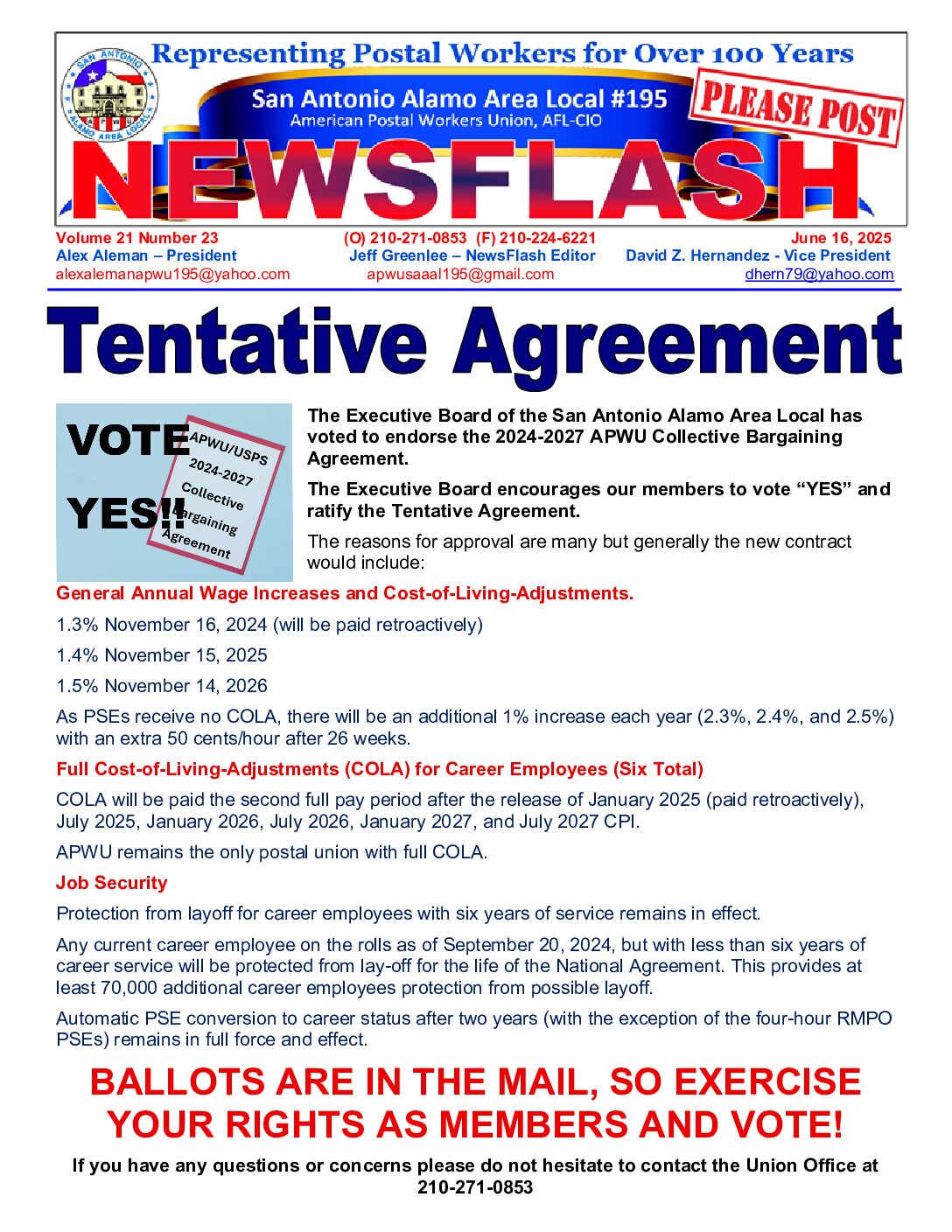 NewsFlash 21-23  SAAAL Executive Board Endorses Tentative Agreement - 