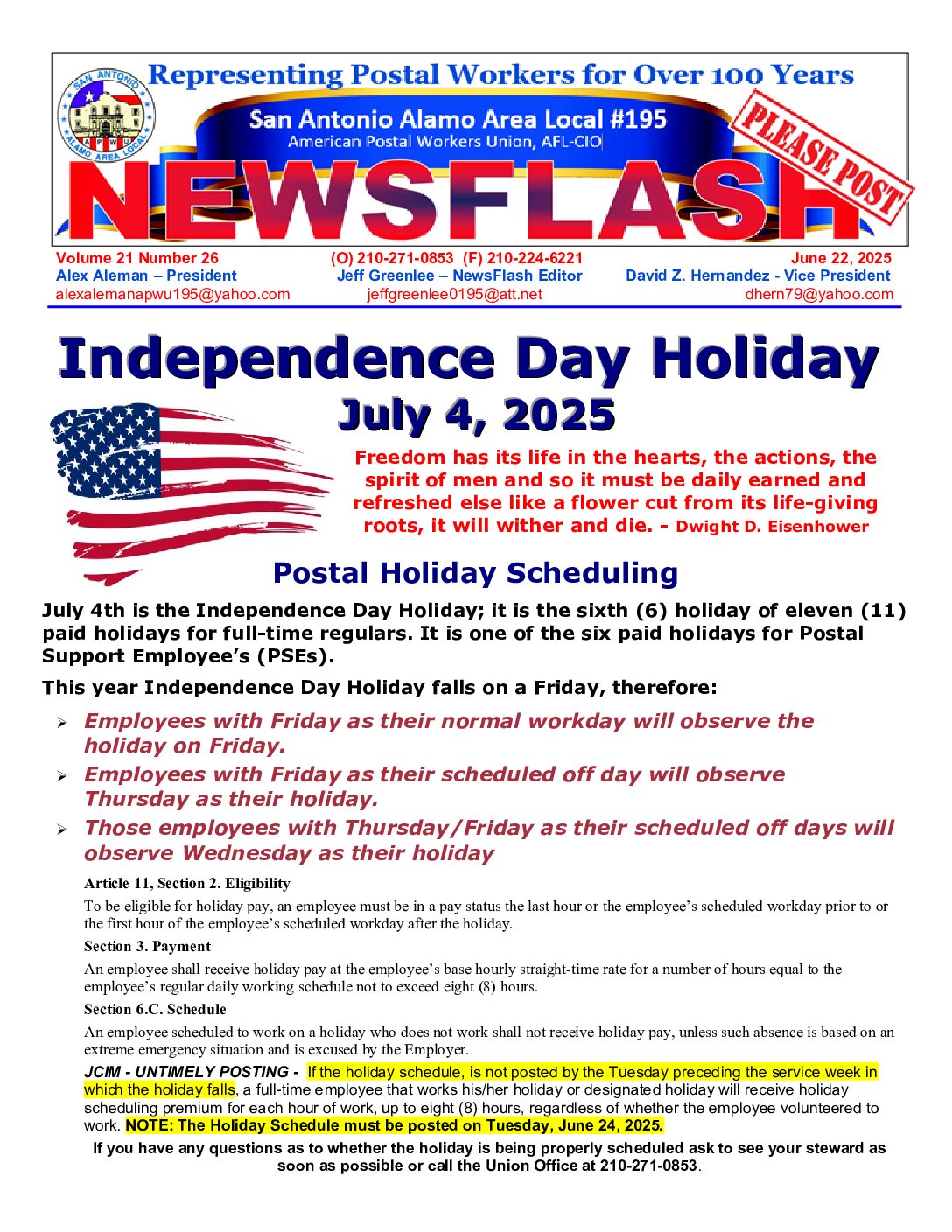 NewsFlash 21-26  Independence Day Holiday Scheduling - 