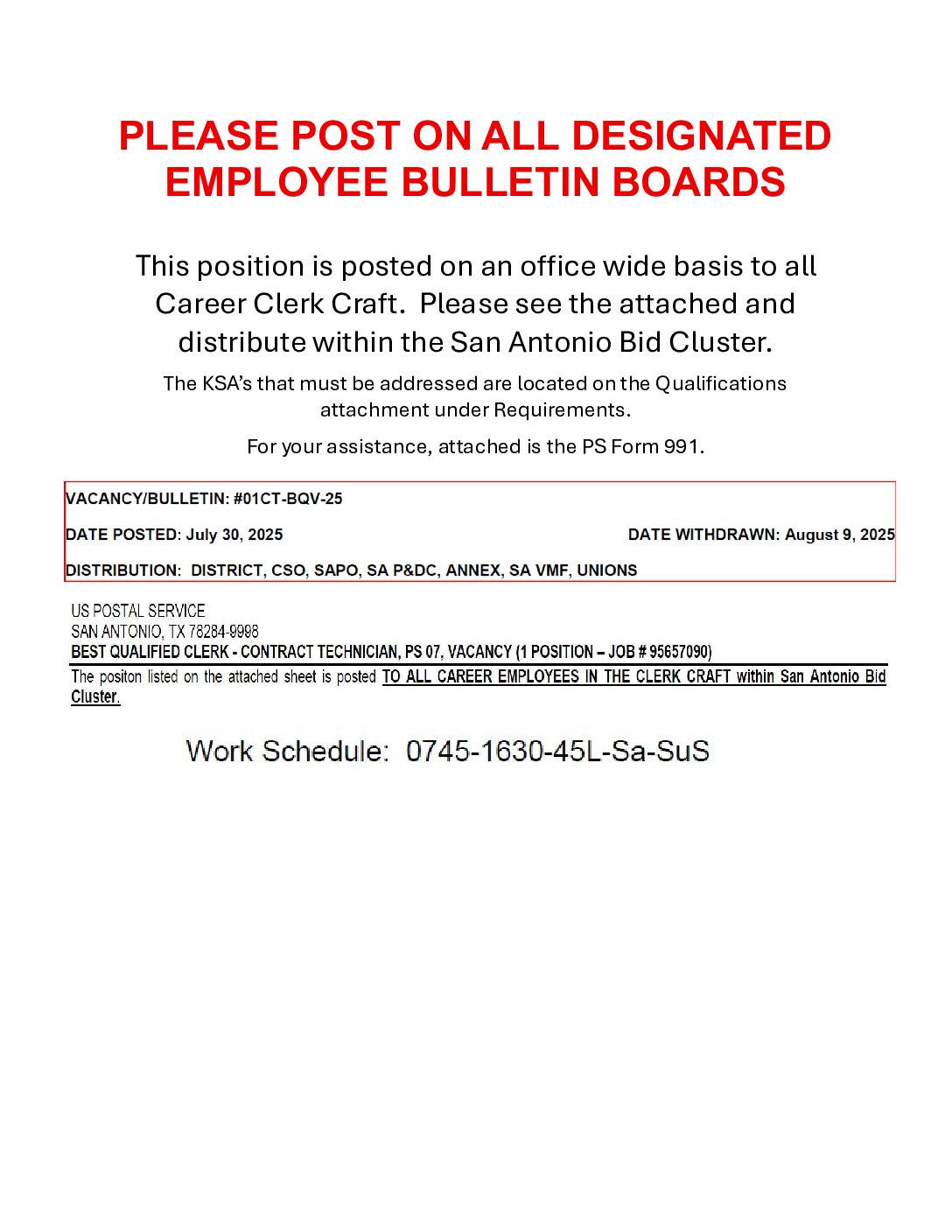 Best Qualified Position Vacancy – Contract Technician PS-07 - 