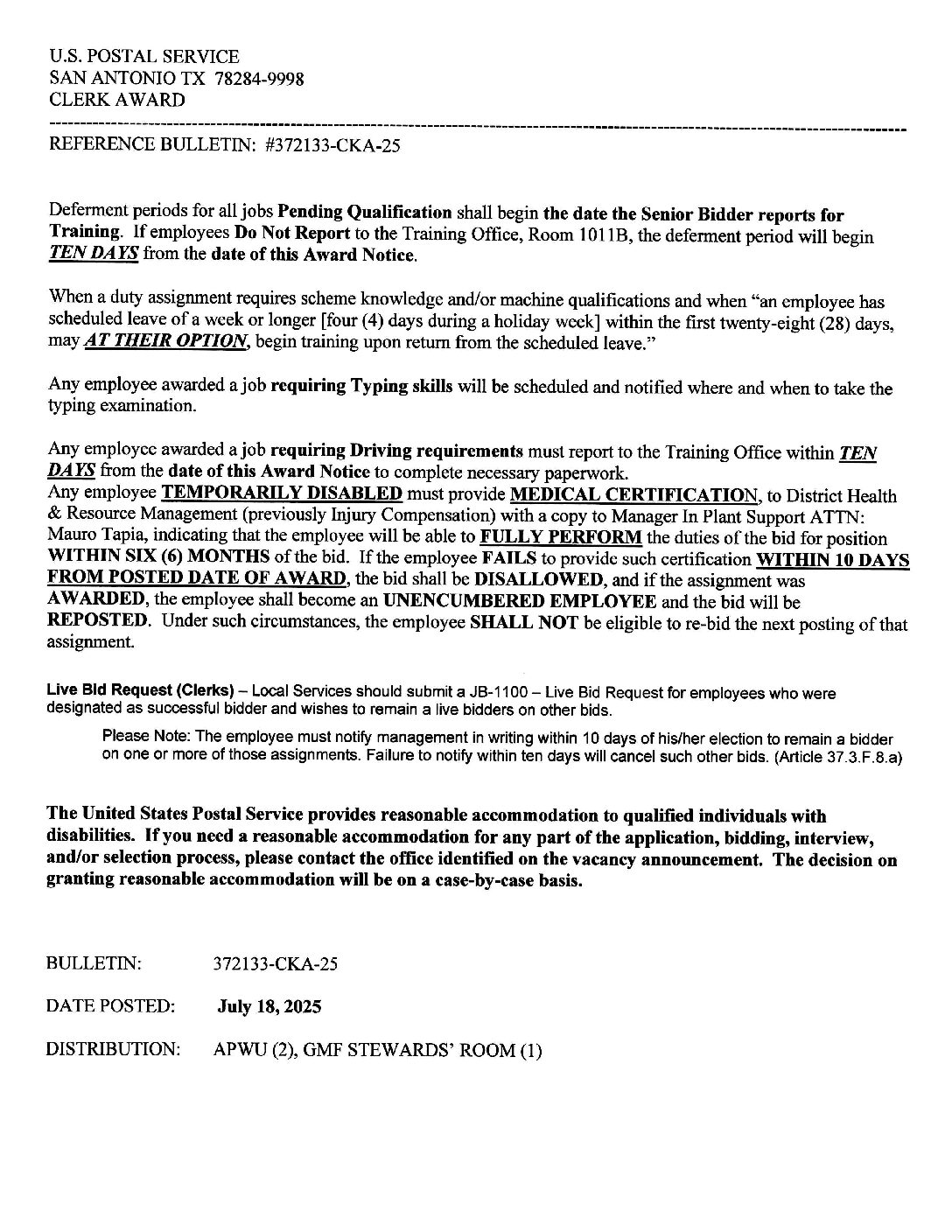 Clerk Job Vacancy Awards 7/18/2025 - 