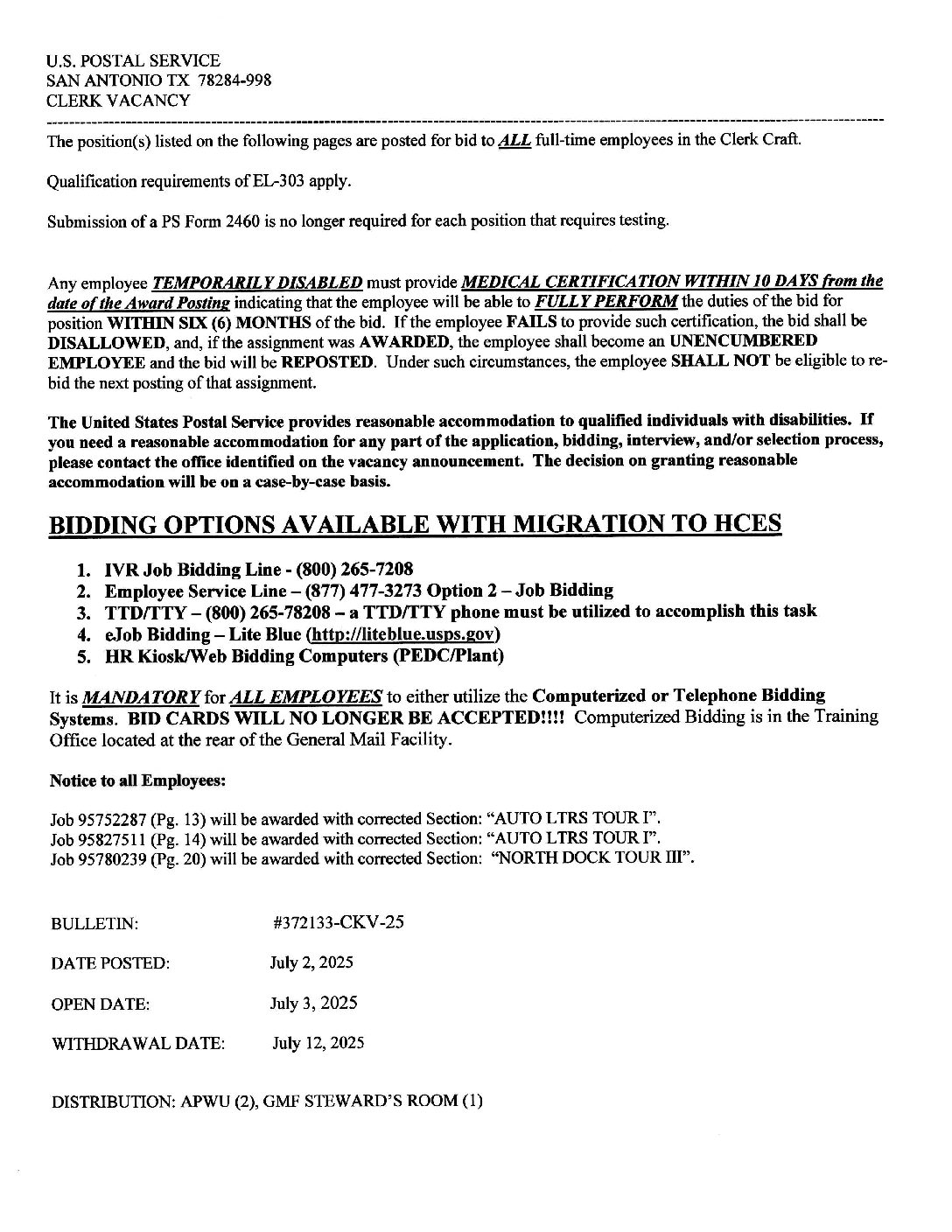 Clerk Job Vacancy Posting 7/2/25 - 