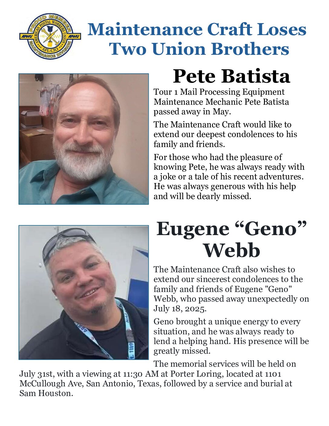Maintenance Craft Loses Two Union Brothers - 
