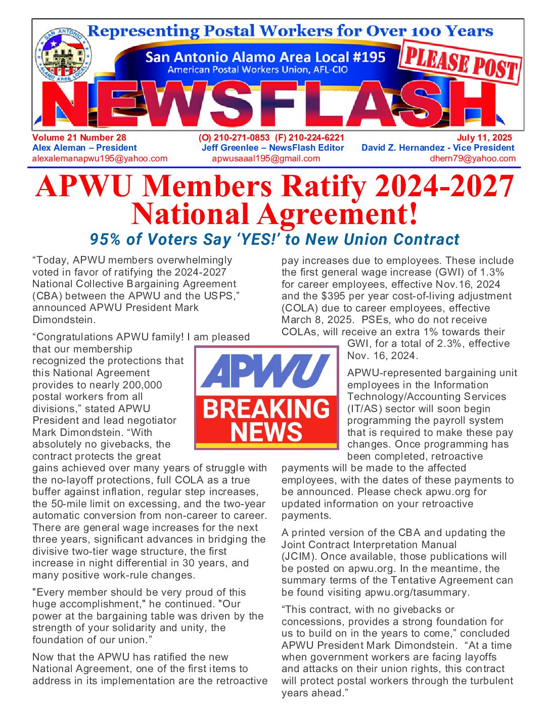 NewsFlash 21-28 Members Ratify New Contract - 