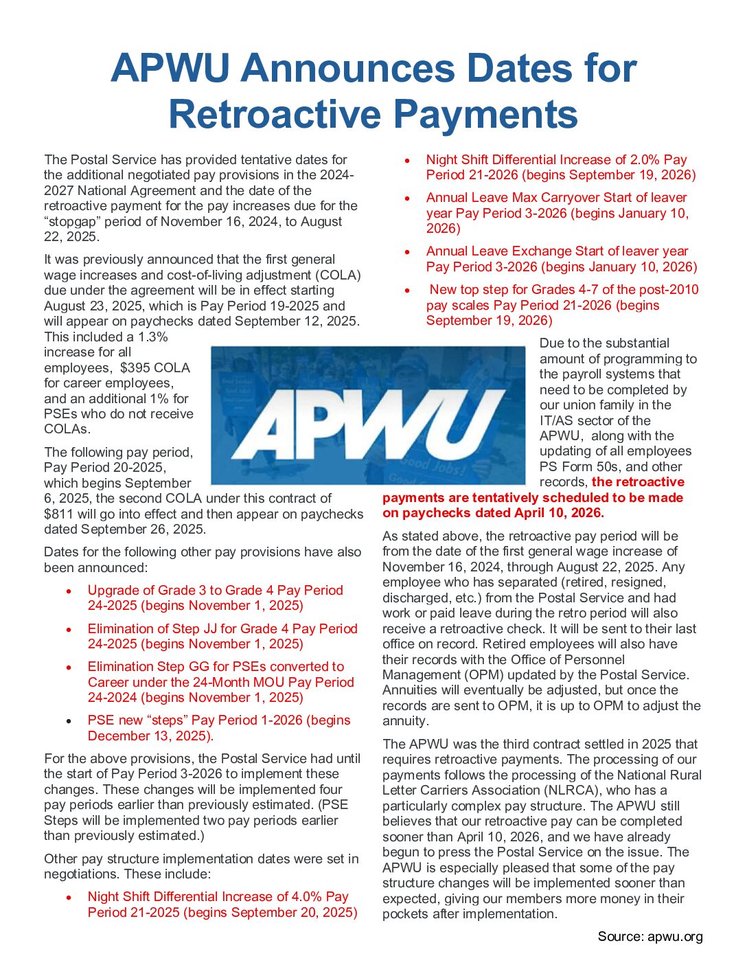 APWU Announces Dates for Retroactive Payments - 