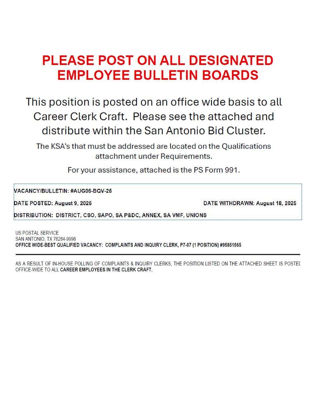Best Qualified Clerk Vacancy – Complaints and Inquiry Clerk 8/9/25 - 