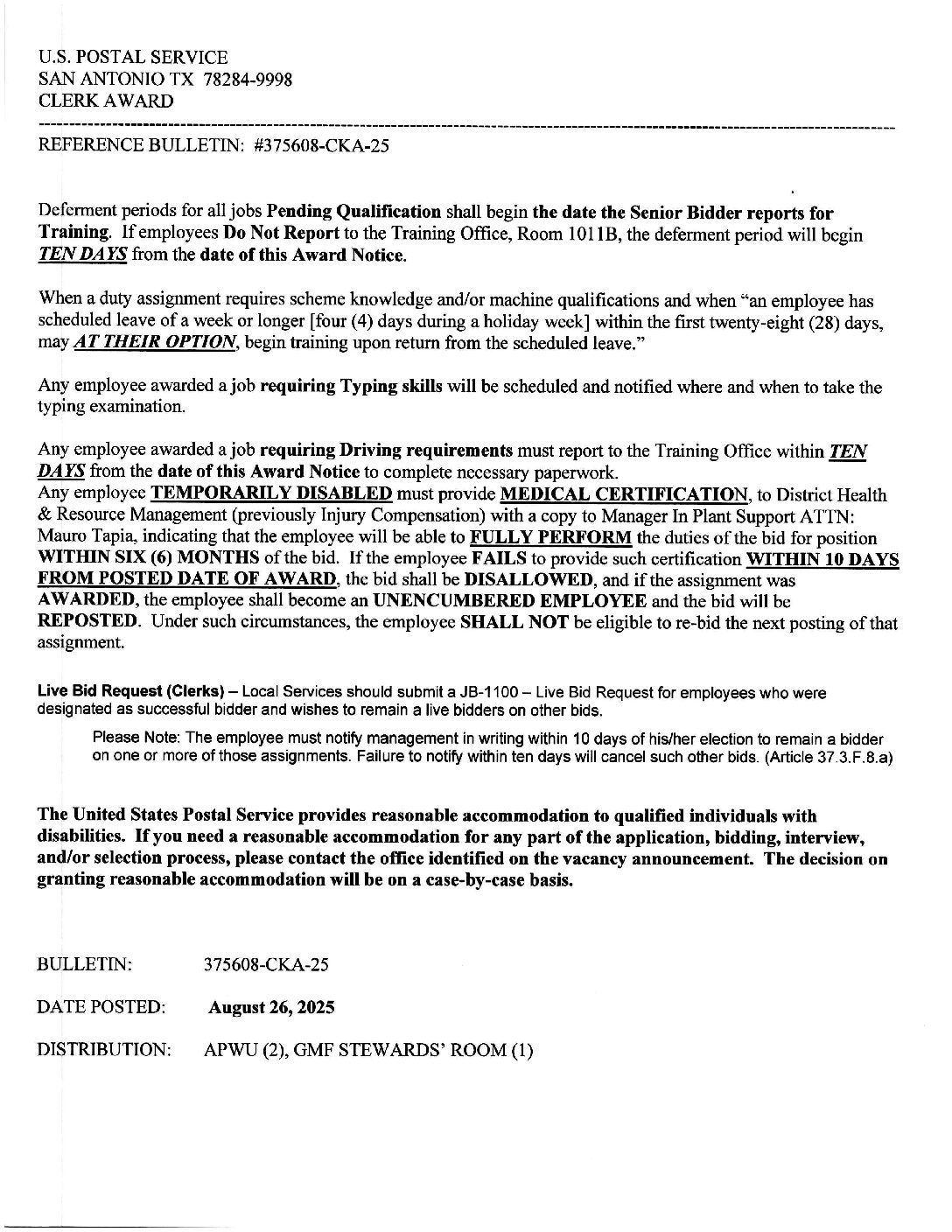 Clerk Craft Job Award Bulletin 8/26/2025 - 