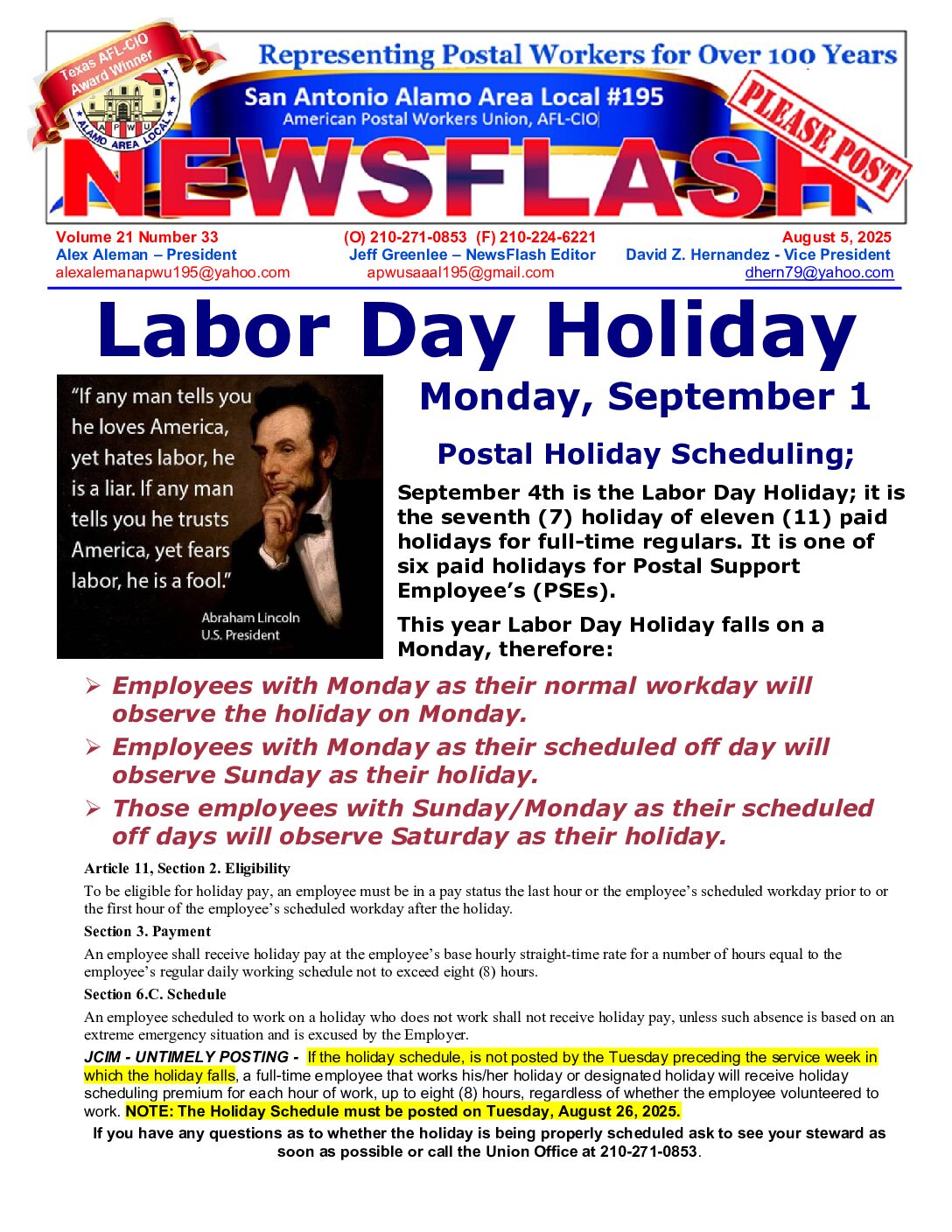 NewsFlash 21-33 Labor Day Holiday Scheduling - 