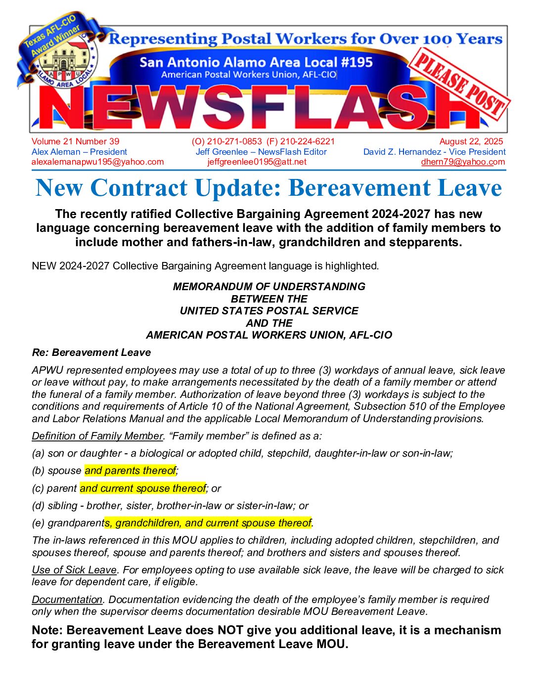NewsFlash 21-39 Bereavement Leave - 