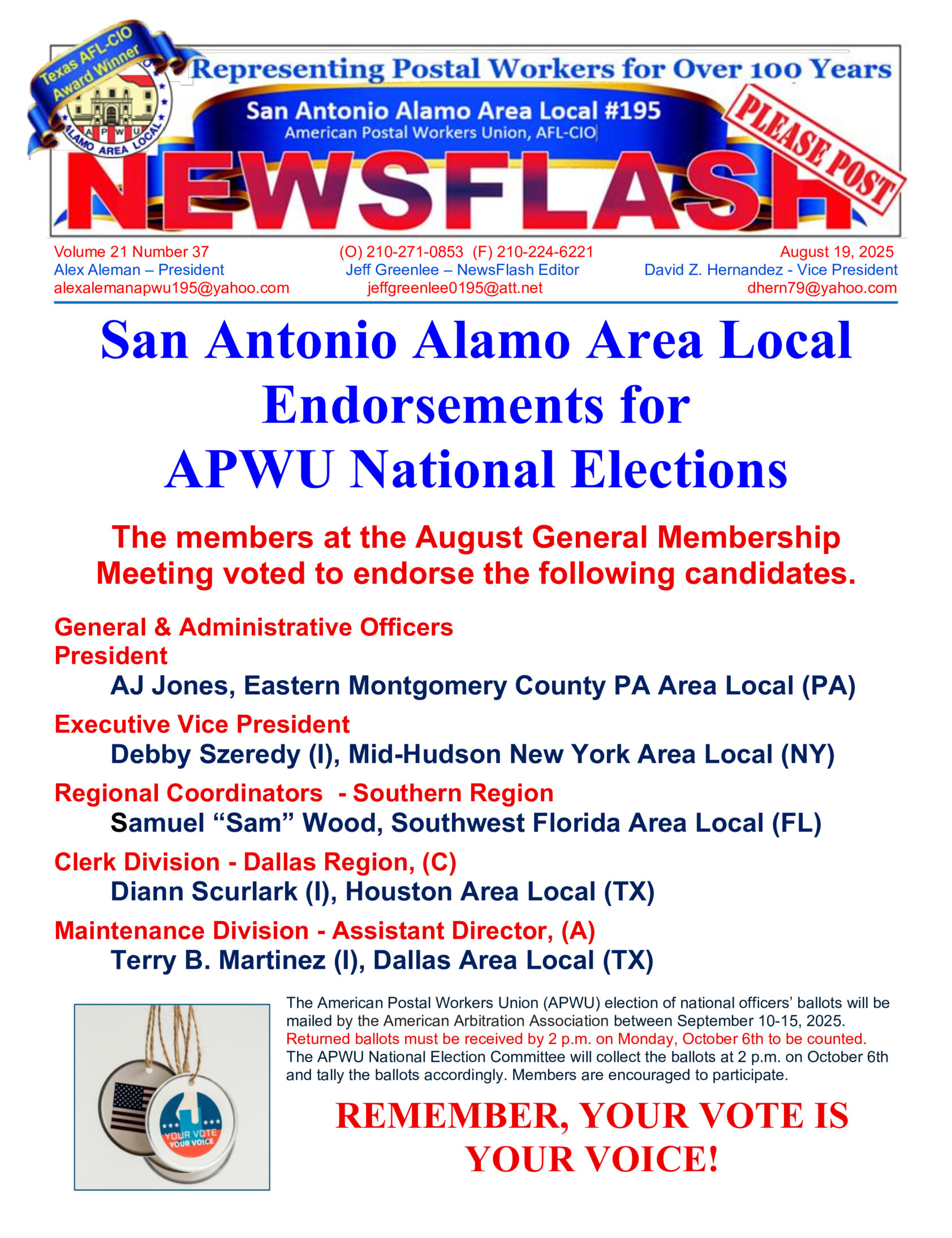 NewsFlash 21-37 SAAAL Endorsements for APWU Elections - 
