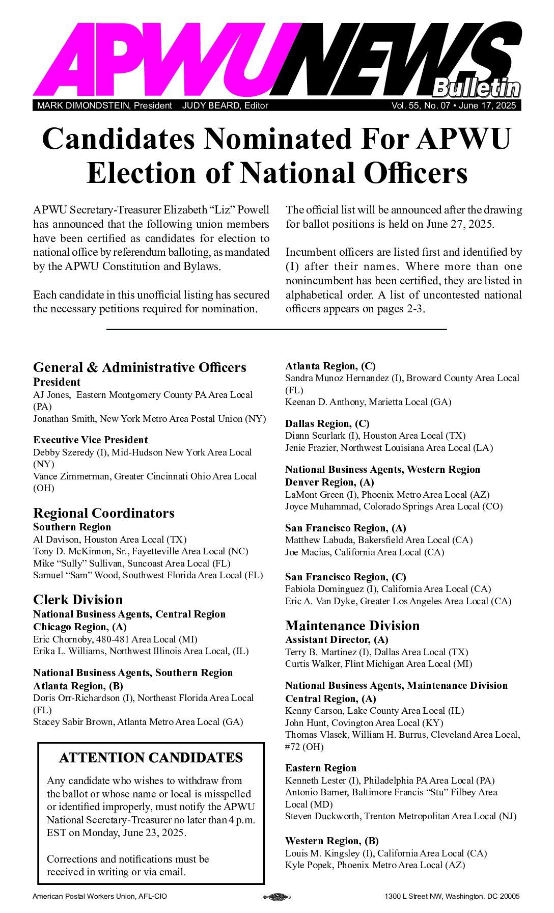 Candidates Nominated for APWU Election of National Officers - 