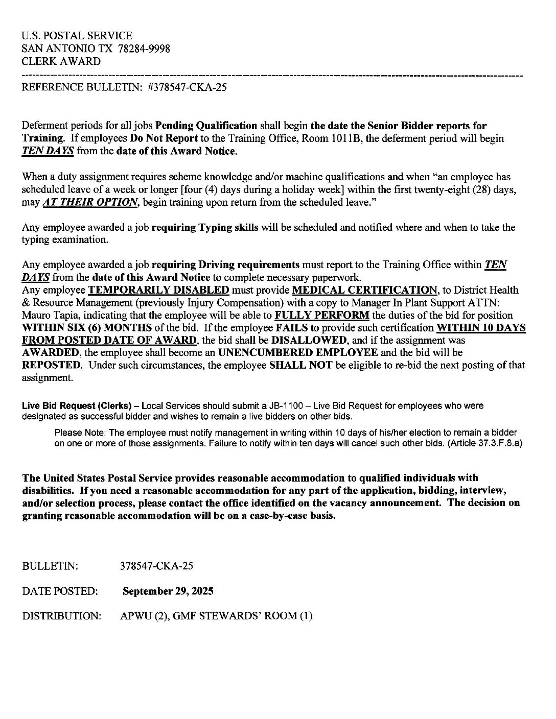 Clerk Craft Job Award Bulletin 9/29/2025 - 