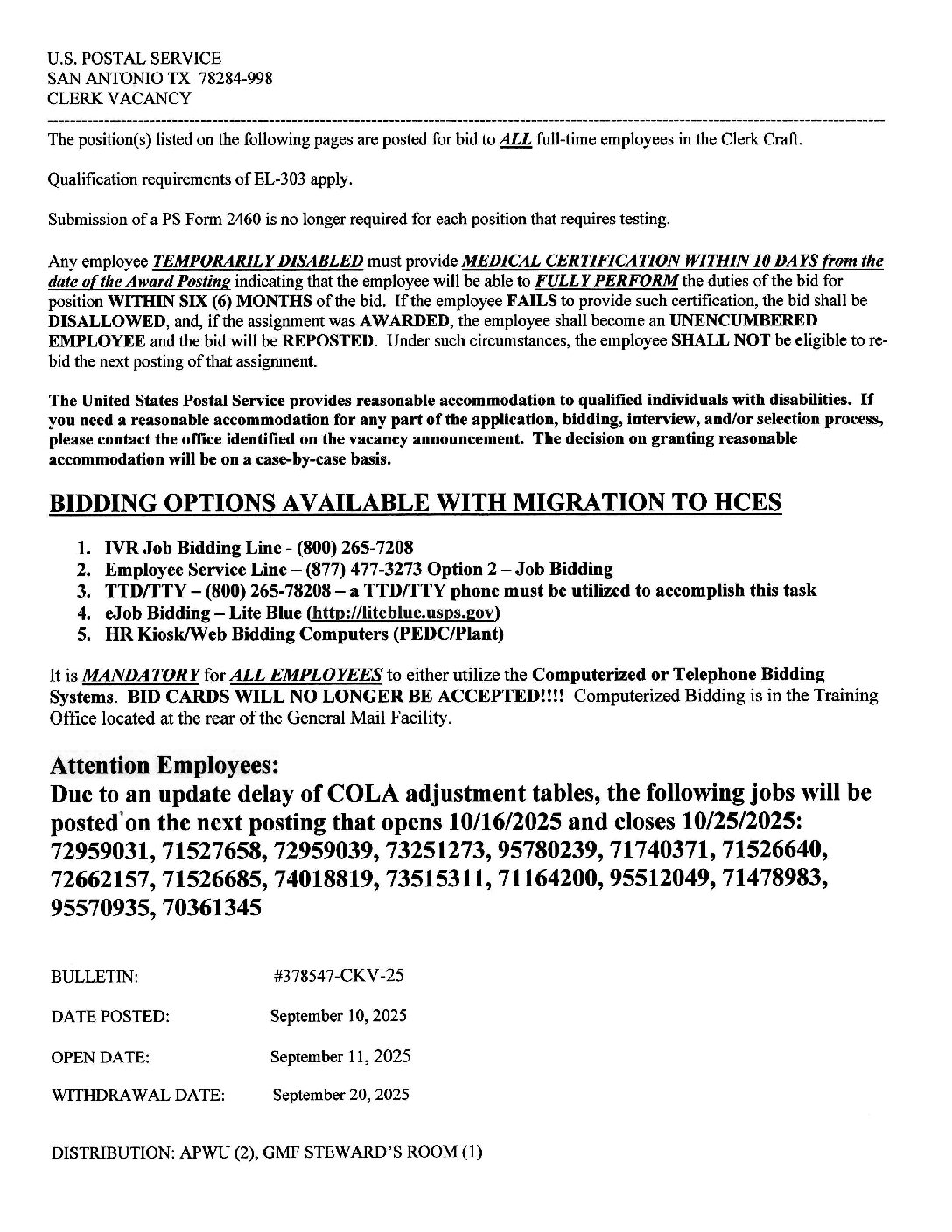 Clerk Craft Job Vacancy Bulletin 9-11-25 - 
