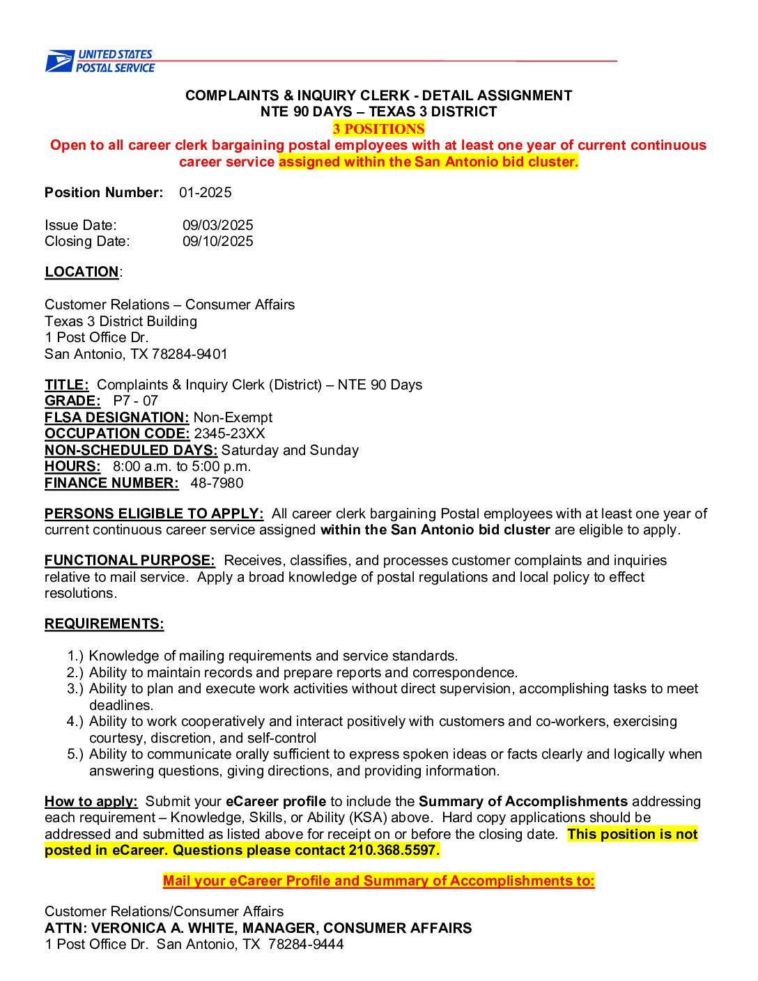 Complaints & Inquiry Clerk Detail Announcement - 