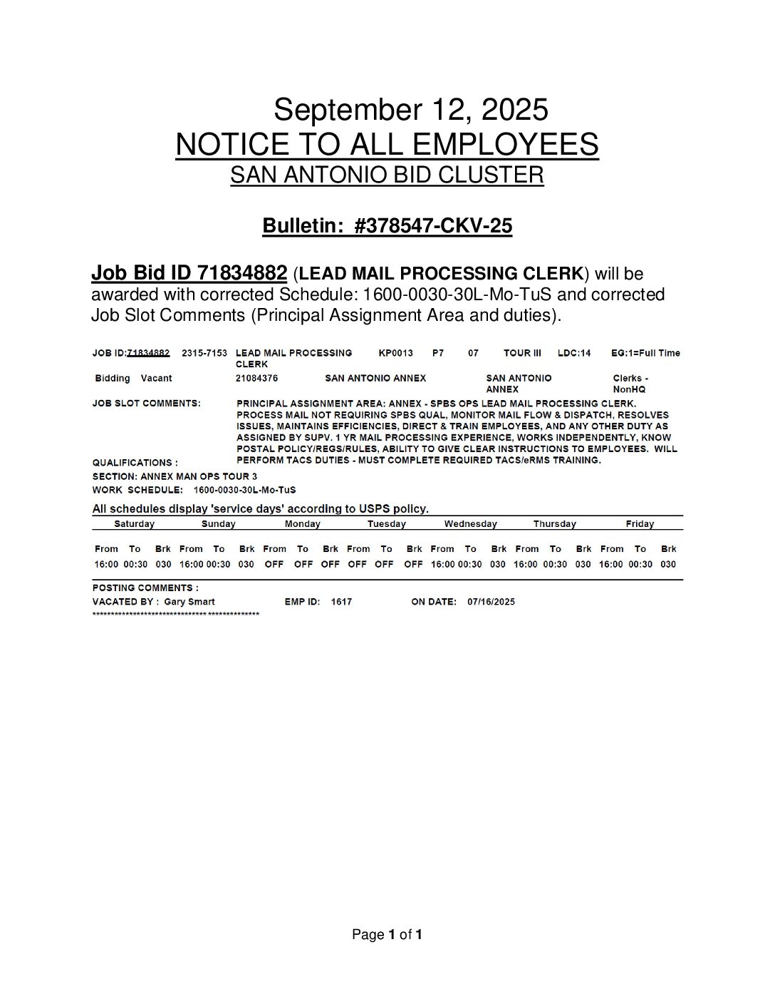 CORRECTION – Clerk Job Vacancy Bulletin 9/12/25 - 