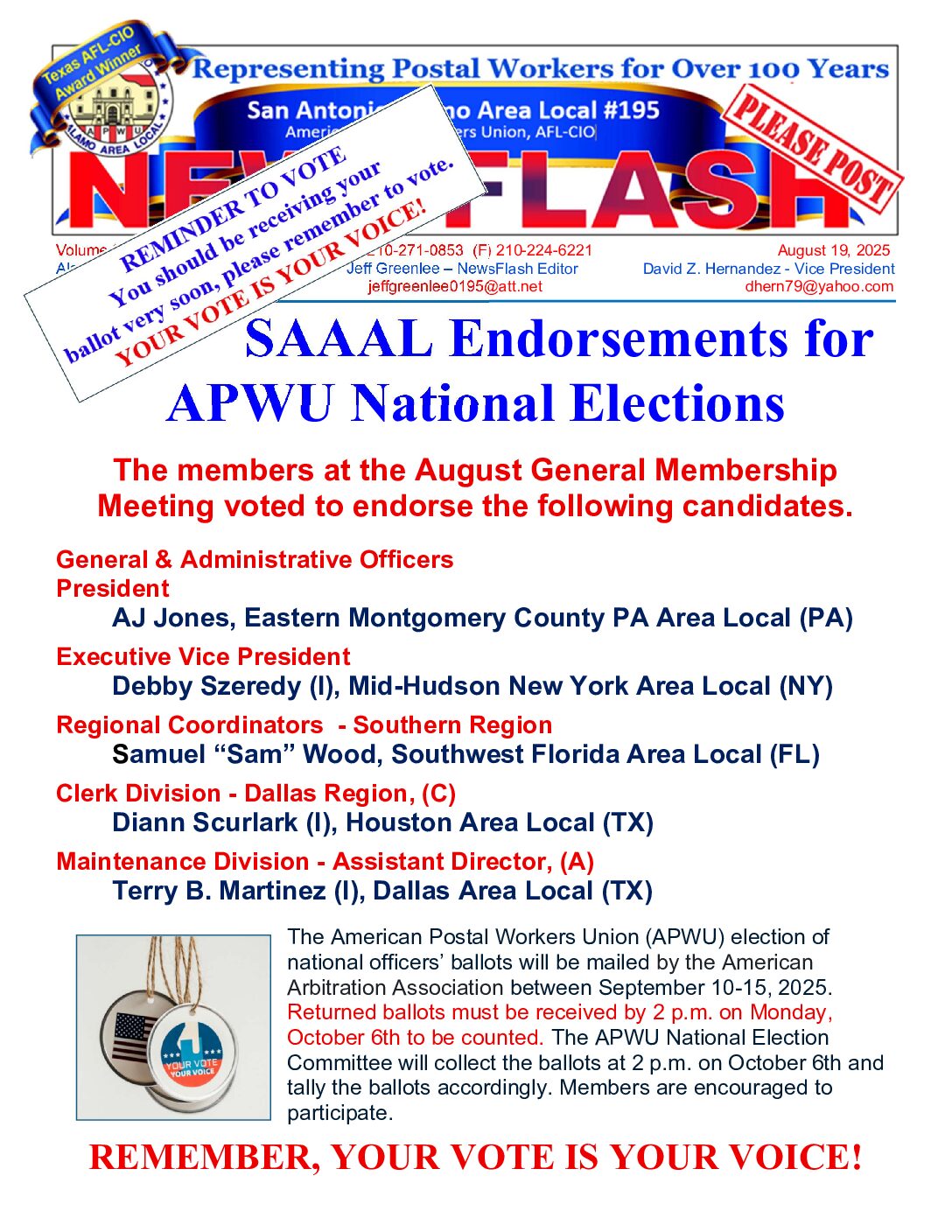 Ballots Arriving Soon – Reminder to Vote in APWU Elections - 