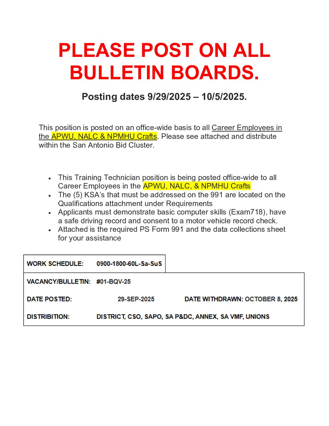 E-Flash – Training Technician Posting 9-29-25 - 