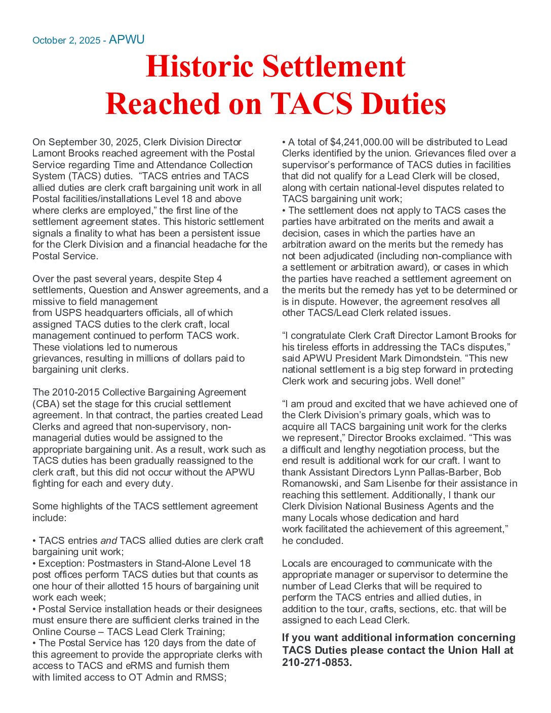 Historic Settlement on TACS Duties - 