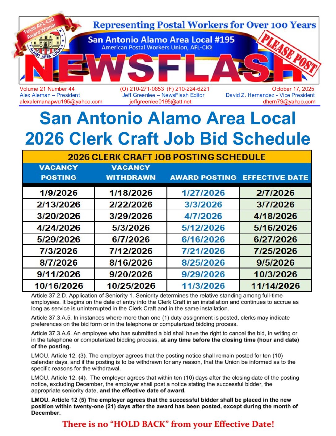 NewsFlash 21-44 2026 Clerk Job Vacancy Posting Schedule - 