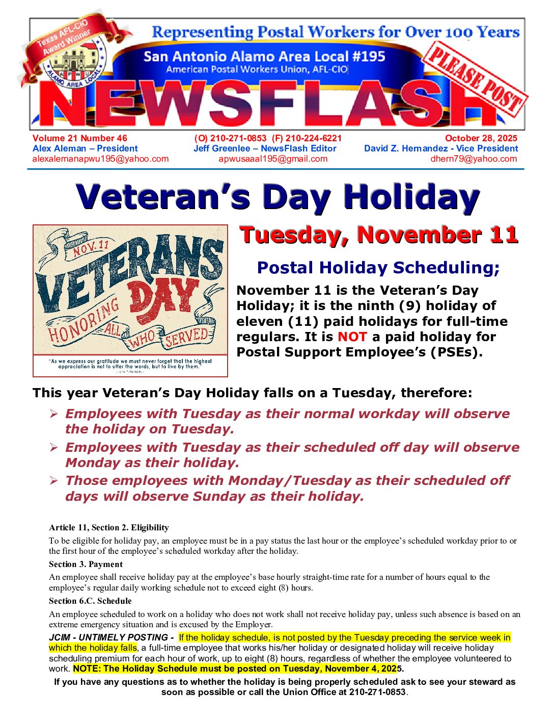 NewsFlash 21-46 Veterans Day Holiday Scheduling - 