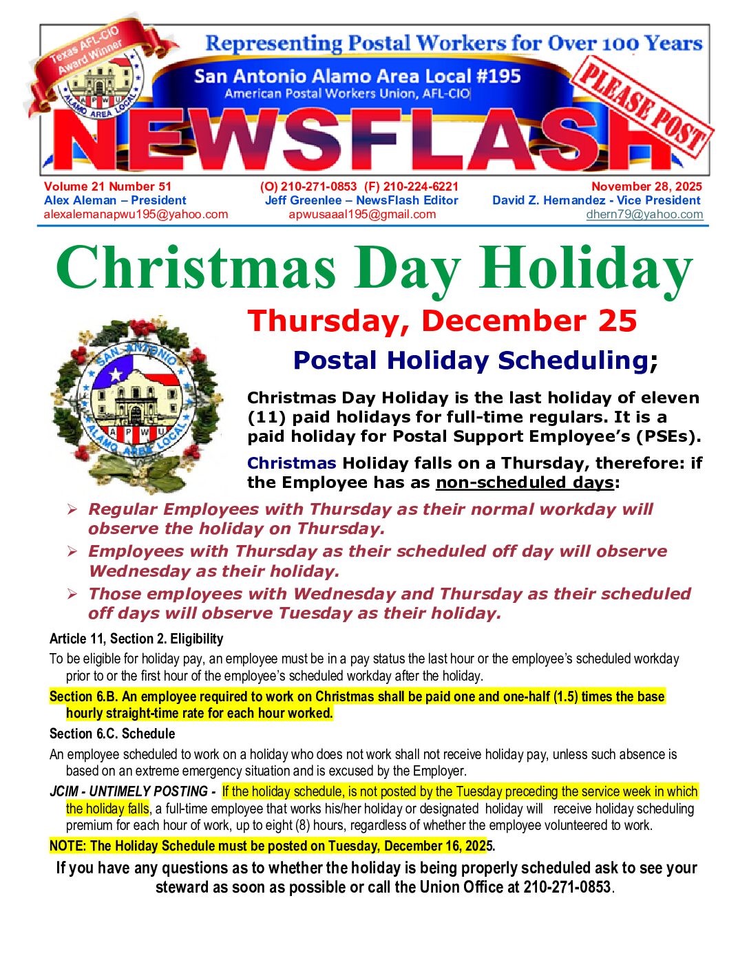 NewsFlash  21-51 Christmas Holiday Scheduling - 