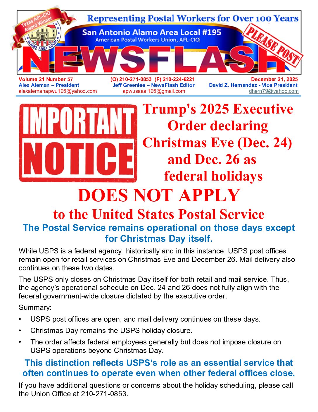 NewsFlash 21-57 Holiday Executive Order Does Not Apply to Postal Workers - 