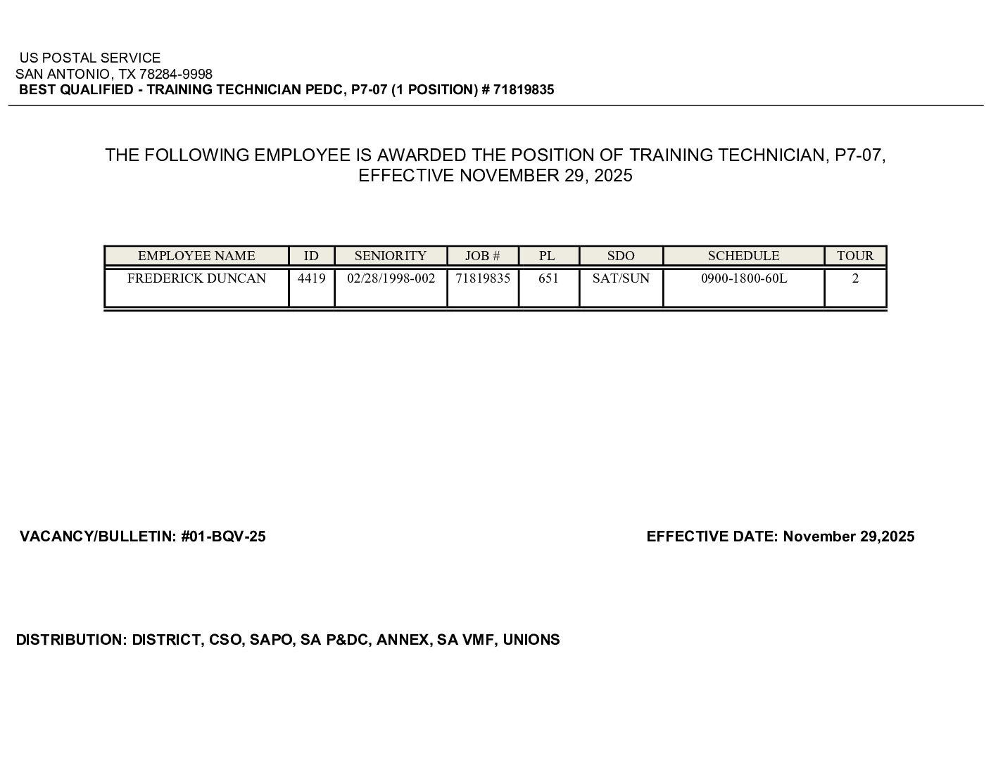 Training Tech San Antonio PEDC Award Effective 11/29/2025 - 