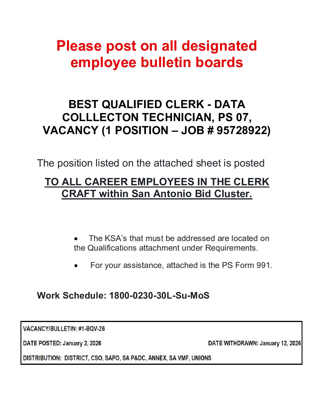 Data Collection Clerk Best Qualified Vacancy 1-2-26 - 