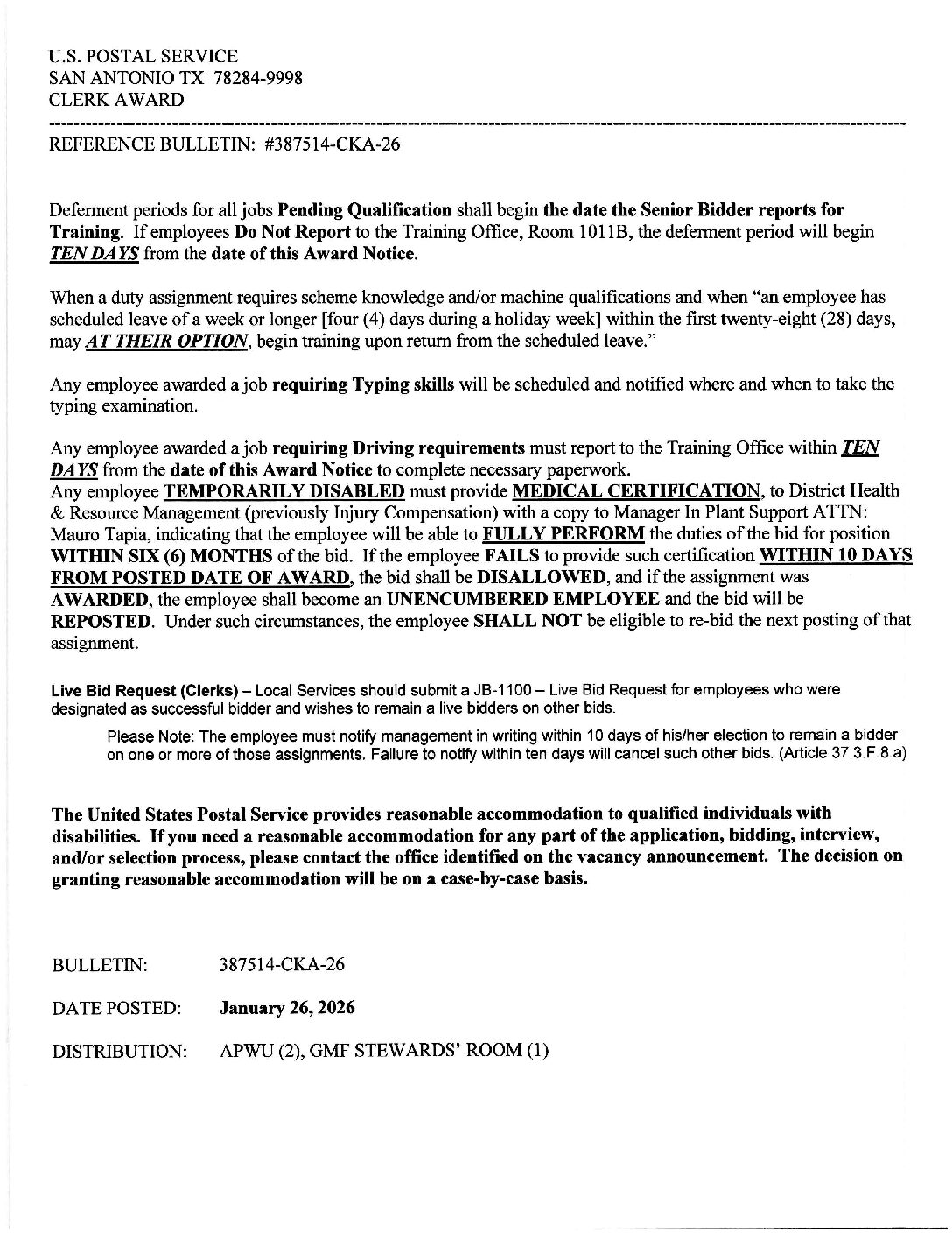 E-Flash Clerk Job Award Bulletin 1-26-2026 - 