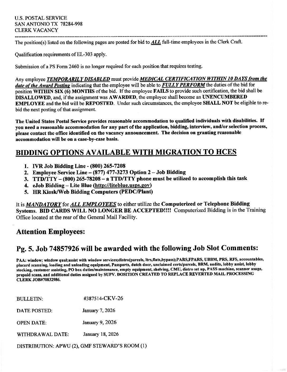 E-Flash Clerk Job Vacancy Bulletin 1-7-2026 - 