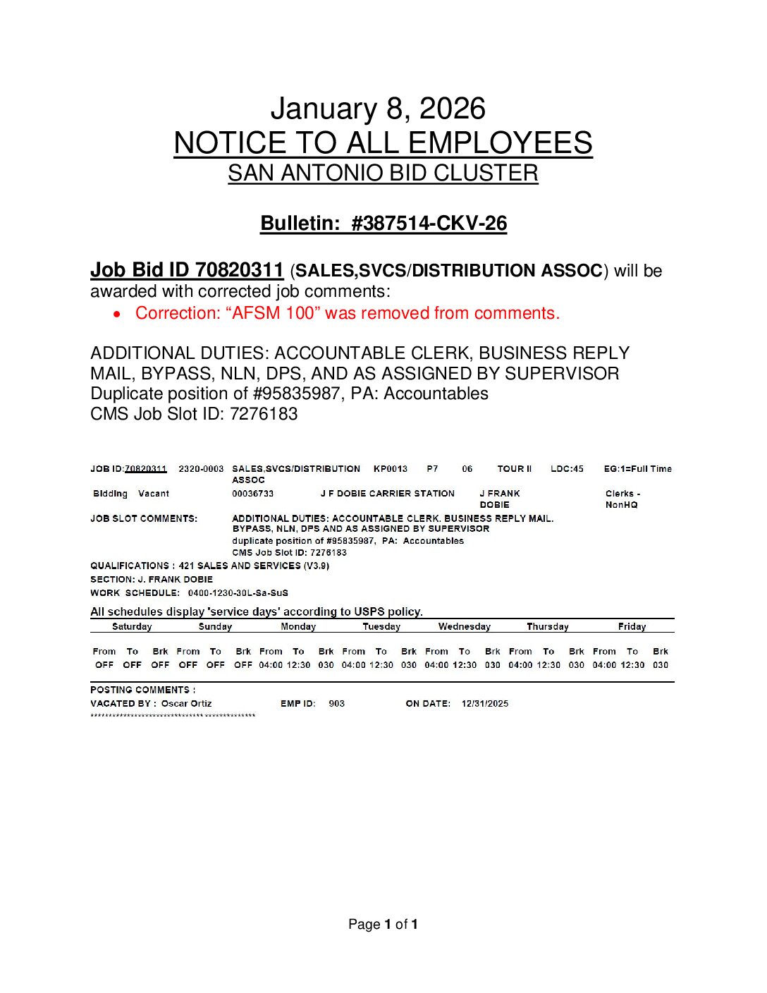 ** CORRECTION** Clerk Job Vacancy Bulletin 1/8/26 - 