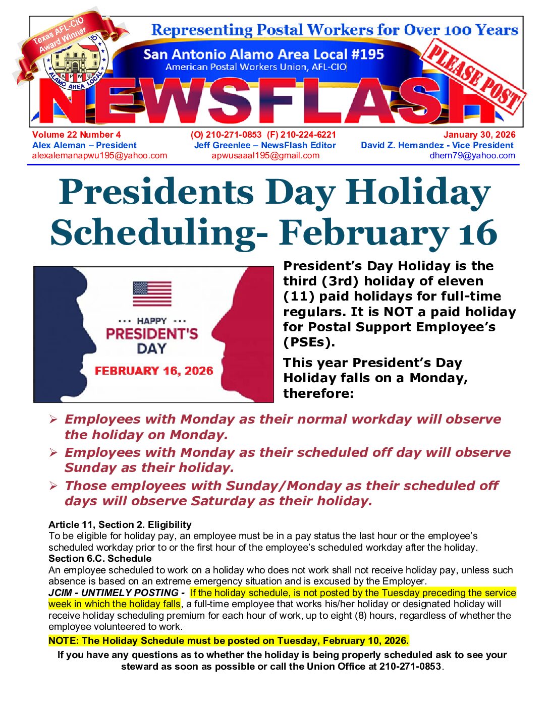 NewsFlash 22-4 President’s Day Holiday Scheduling - 