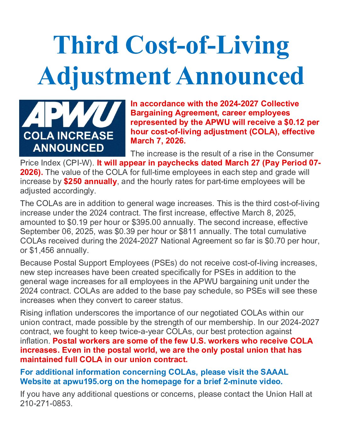 E-Flash – COLA Pay Increase Announced - 