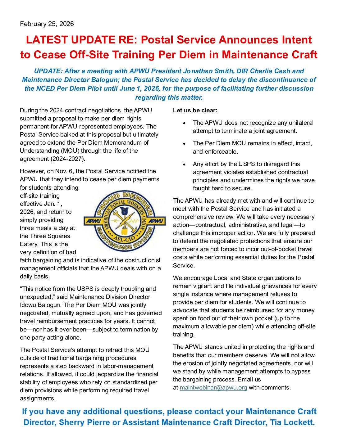 Update: Maint. Craft Training Per Diem - 