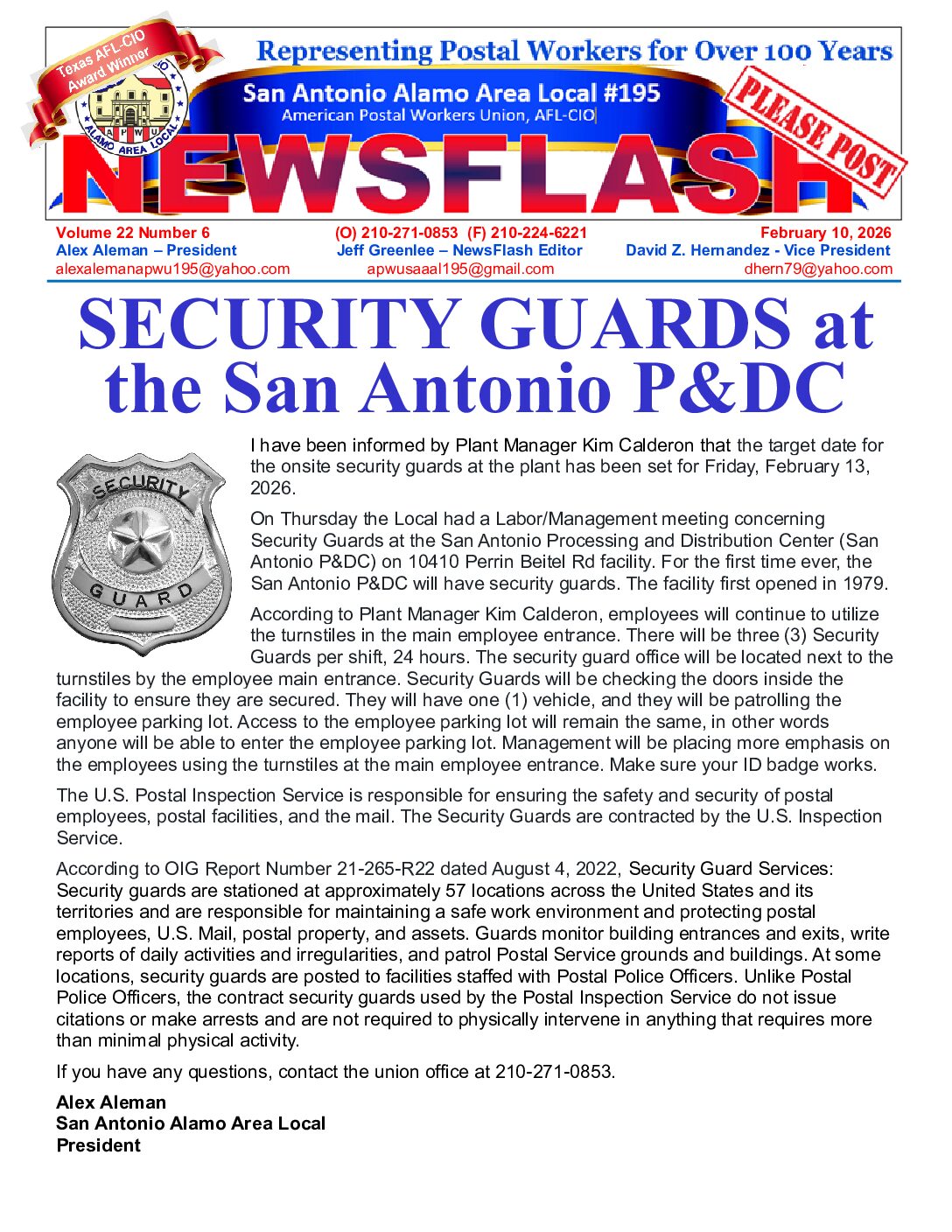 NewsFlash 22-6  Security Guards at SA P&DC - 