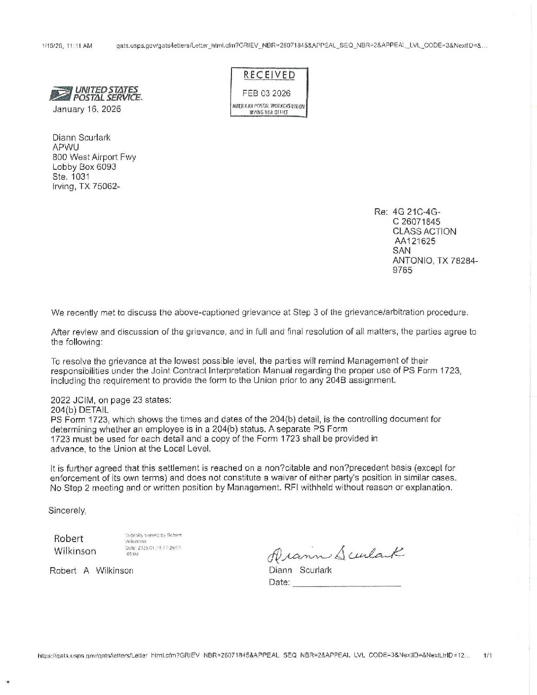 PS Form 1723 Provided in Advance to Local Union - 