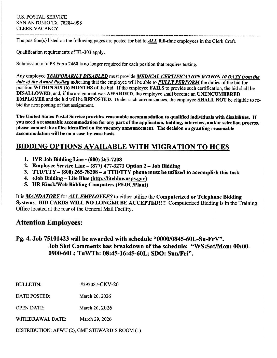 CLERK JOB VACANCY BULLETIN 3/20/26 - 