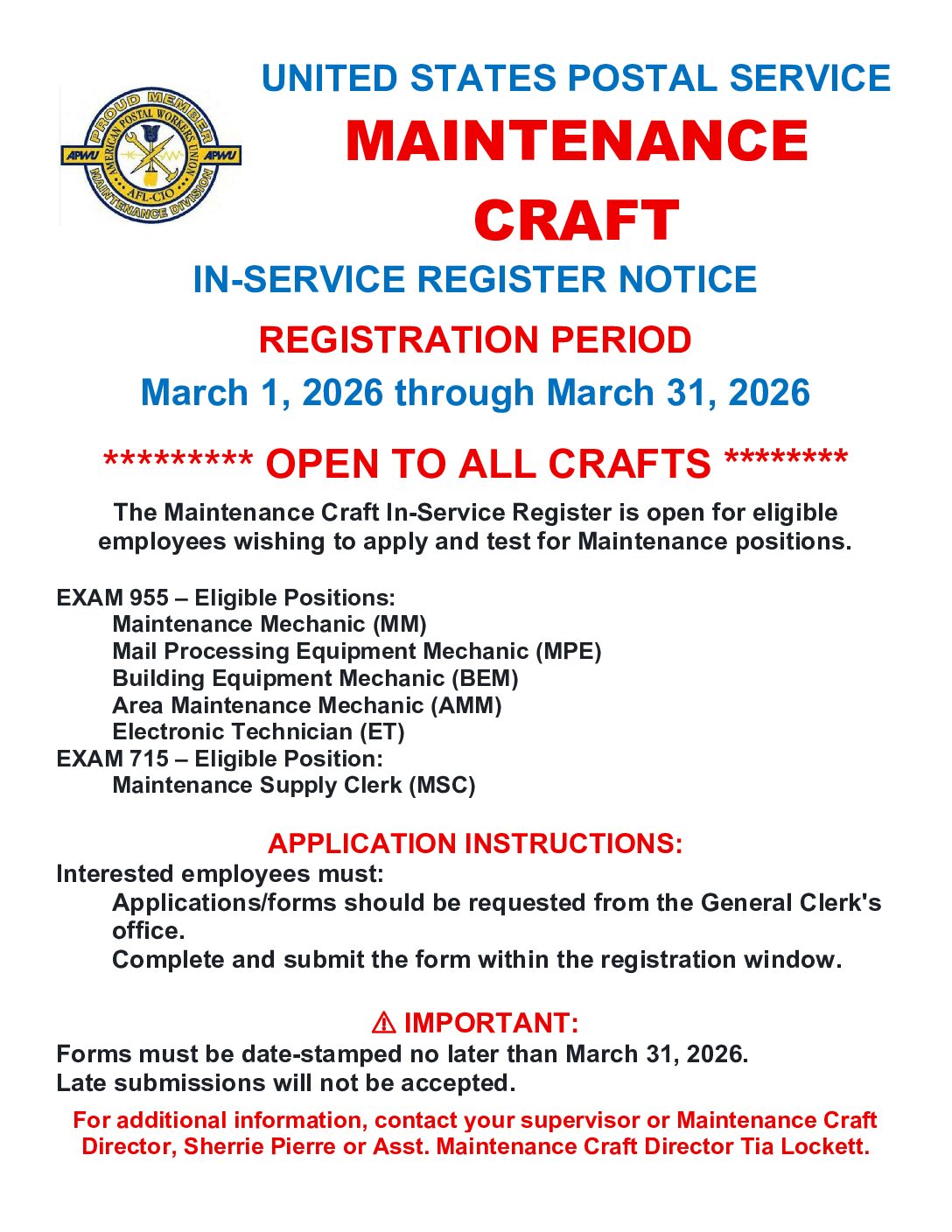 MAINTENANCE CRAFT IN-SERVICE REGISTER NOTICE - 
