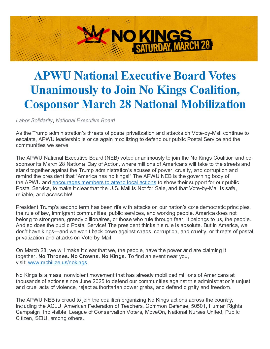 APWU Joins NO KINGS Coalition - 