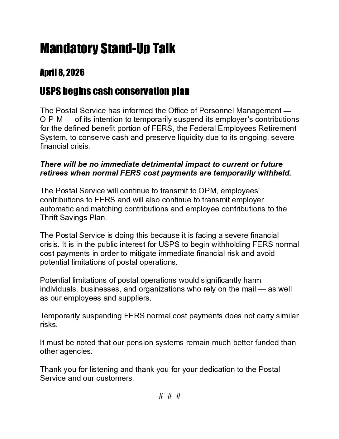 4Mandatory Stand-Up Talk- USPS begins cash conservation plan - 