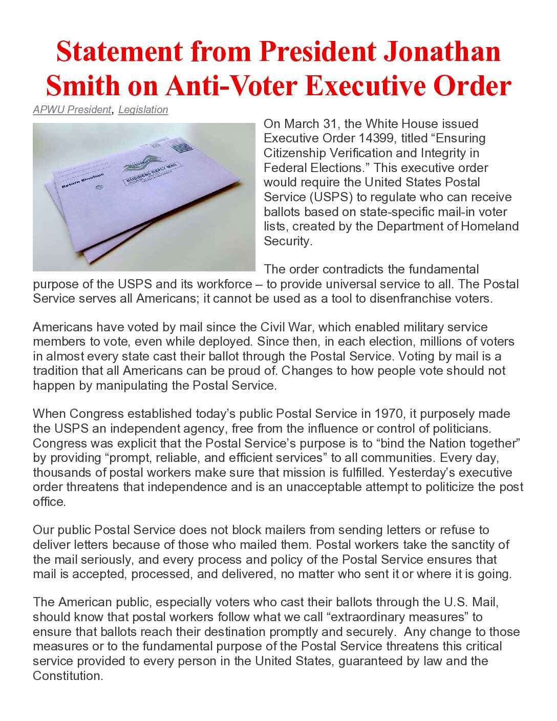 APWU President Jonathan Smith on Anti-Voter Executive Order - 