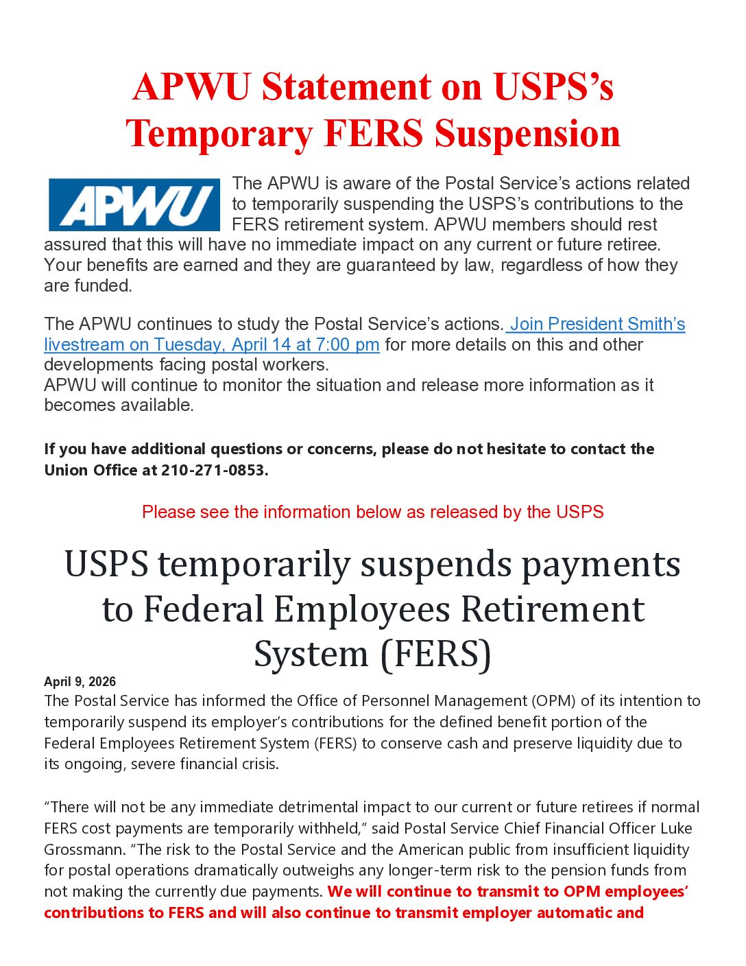 APWU Statement on USPS’s Temporary FERS Suspension & FERS Q&A - 